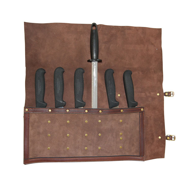 Roll Pouch, soft leather, for 5 Butchers Knives and Steel at Kent